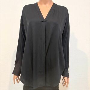 🪭Vince Black Silk Split-Neck Popover Blouse Sheer Long Sleeve Tunic size 8